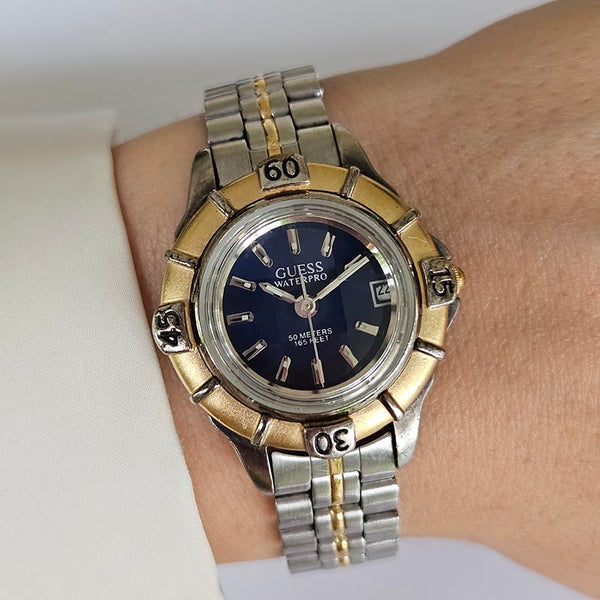 Vintage Two-tone Guess Waterpro Blue-Dial Watch with Textured Crystal