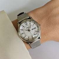 Vintage Silver-tone Fossil Day Date Office Watch for Ladies