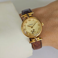 Retro Gold-tone Fossil Watch for Women with Brown Leather Stap