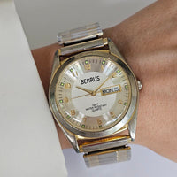 35mm Vintage Silver-tone Benrus Day Date Watch with Gold Details