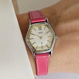 Vintage Silver-tone Citizen Hexagon Case Watch for Women Pink Strap