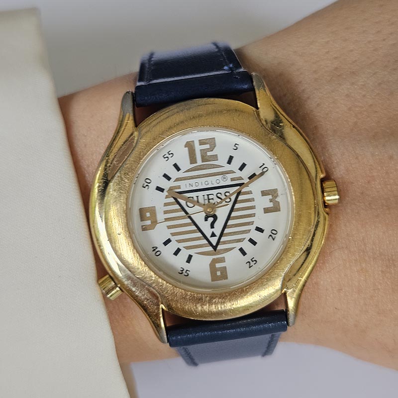 90s Vintage Gold-tone Guess Watch with Blue Strap & Indiglo 90s Vintage Gold-tone Guess Watch with Blue Strap & Indiglo