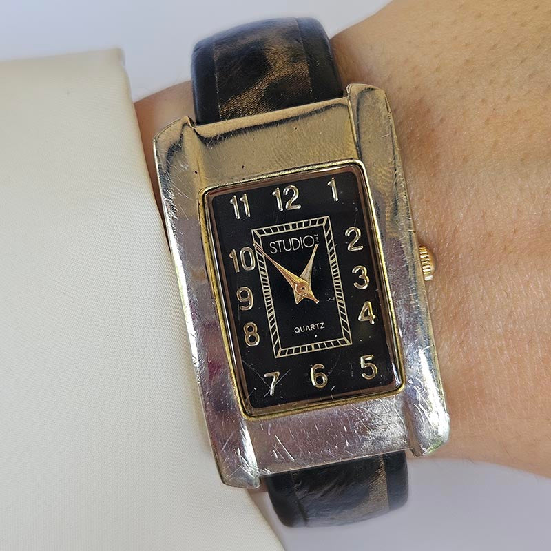 Vintage Studio Tank Watch for Women Black Dial & Animal 