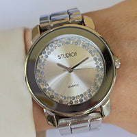 Vintage Silver-tone Studio Dress Watch for Women with White Gemstones