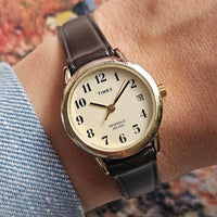 Vintage Gold-tone Timex Indiglo Date Watch for Ladies with Brown Strap