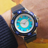 Vintage 38mm Blue-Dial Volcano Watch with Navy Leather Strap Unisex