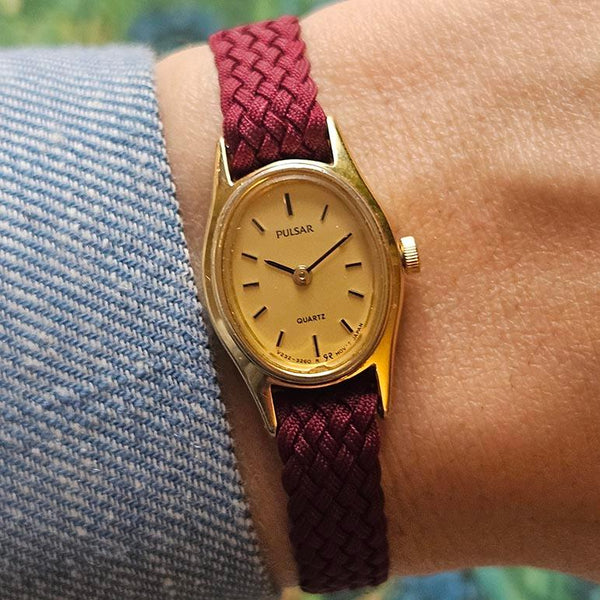 Tiny Vintage Pulsar Women's Watch with Gold-tone Case & Burgundy Strap