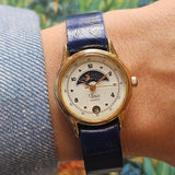 Vintage Gold-tone Moonphase Timex Watch for Women Blue Leather Strap