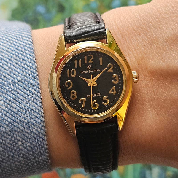 Vintage Gold-tone Louis Jourdan Women's Watch with Black Strap & Dial