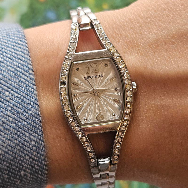 Vintage Silver-tone Sekonda Ladies' Dress Watch with White Gemtones