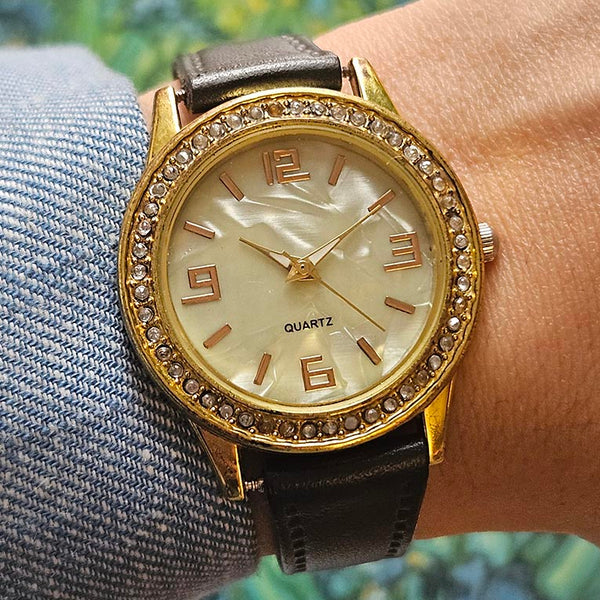 Vintage Gold-tone Watch for Ladies with White Gemstones & Brown Strap