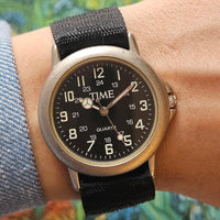 Vintage Silver-tone Black-Dial TIME Quartz Watch with Black NATO Strap