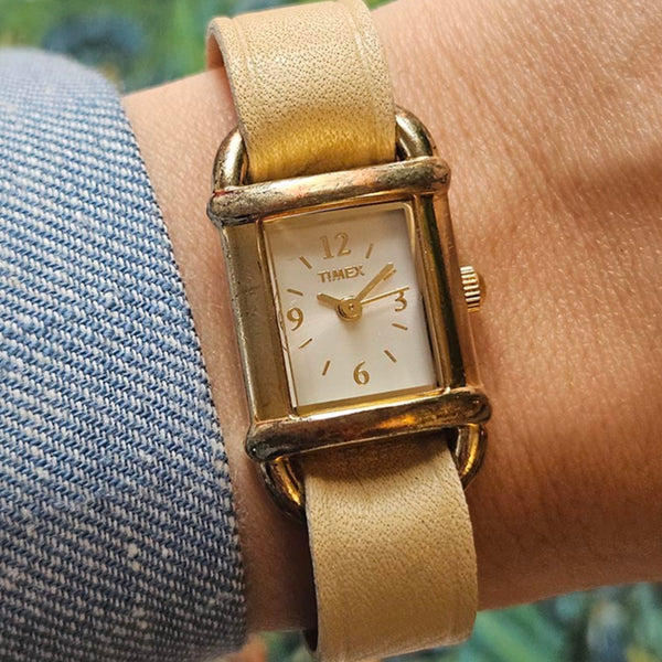 Vintage Rectangular Timex Watch for Women | Dainty Gold-tone Watch