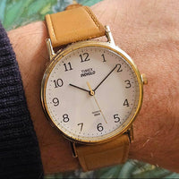 Vintage 34mm Gold-tone Timex Indiglo Quartz Watch Unisex Brown Strap