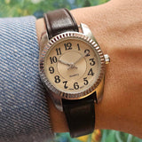 Elegant Vintage Quartz Watch for Ladies | Silver-tone Watch with Brown Strap