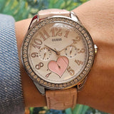 Vintage Silver-tone Guess Watch for Her with Gemstones and Pink Strap