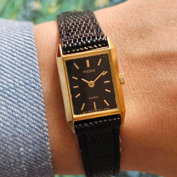 Vintage Black-Dial Pulsar Tank Watch with Textured Black Leather Strap