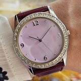 Vintage Mother-of-Pearl Dial Watch for Women with Burgundy Strap