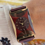 Vintage Gold-tone Premia Rectangular Quartz Watch with Burgundy Strap