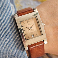 Vintage Silver-tone Fossil Tank Women's Watch with Brown Leather Strap