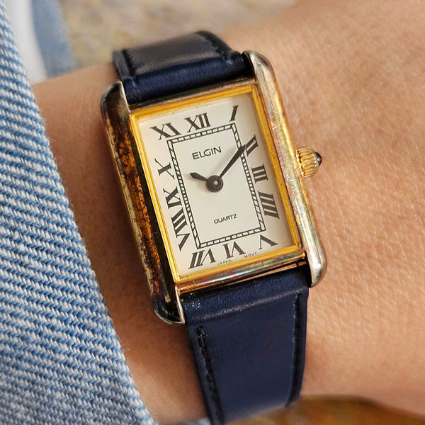 Vintage Gold-tone Elgin Tank Watch for Women with Roman Numerals