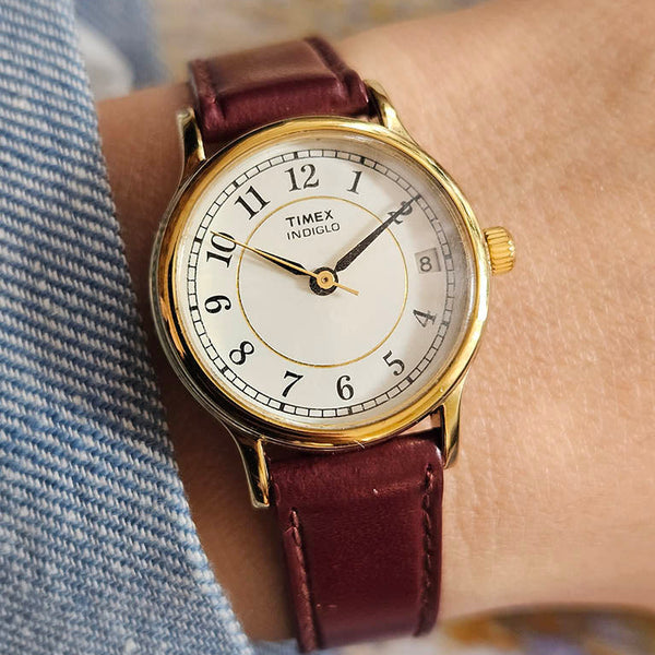 Retro Timex Indiglo Date Watch for Women Gold-tone with Brown Strap