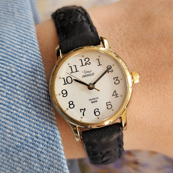 Retro Vintage Timex Indiglo Quartz Watch for Her with Textured Black Strap