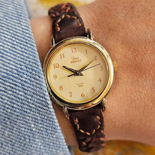 Retro Gold-tone Timex Indiglo Women's Watch with Champagne Dial