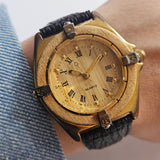Vintage Gold-tone Watch for Women with Wooden Bezel & Black Strap