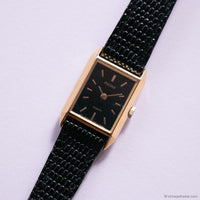 Vintage Black-Dial Pulsar Tank Watch with Textured Black Leather Strap