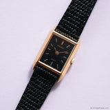 Vintage Black-Dial Pulsar Tank Watch with Textured Black Leather Strap