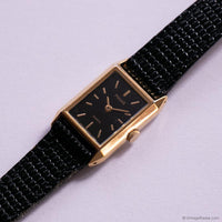 Vintage Black-Dial Pulsar Tank Watch with Textured Black Leather Strap