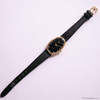 Vintage Black-Dial SM Watch for Ladies Gold-tone Oval Case & Black Strap