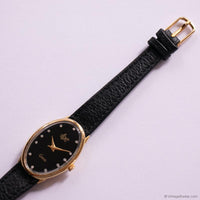 Vintage Black-Dial SM Watch for Ladies Gold-tone Oval Case & Black Strap