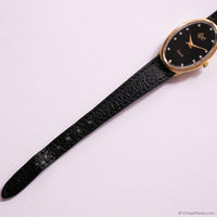 Vintage Black-Dial SM Watch for Ladies Gold-tone Oval Case & Black Strap