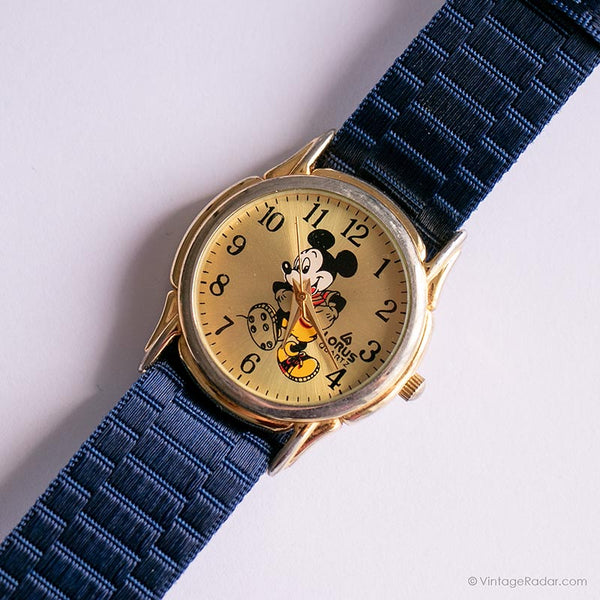 Antiguo Lorus Tono dorado Mickey Mouse reloj con correa de la OTAN marina