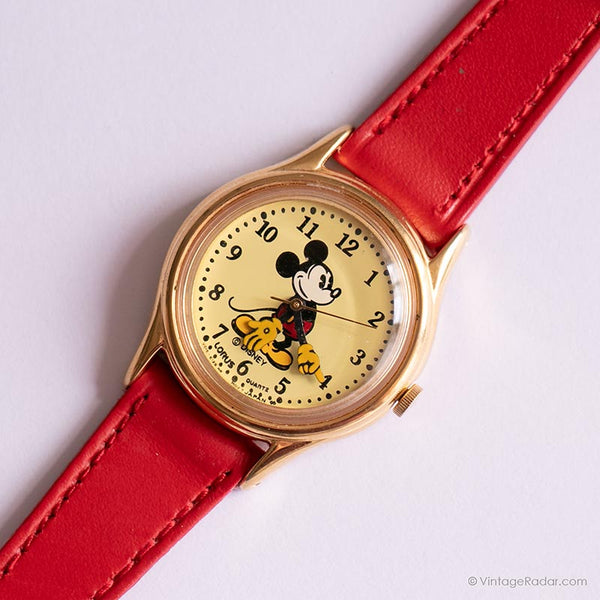 لون ذهبي من التسعينيات Lorus Mickey Mouse شاهدها بحزام جلدي أحمر