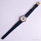 90s Silver-tone Lorus Mickey Mouse Watch with Navy Leather Strap