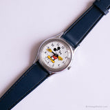 90s Silver-tone Lorus Mickey Mouse Watch with Navy Leather Strap