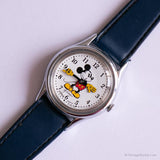 لون فضي من التسعينيات Lorus Mickey Mouse ساعة بحزام جلدي كحلي