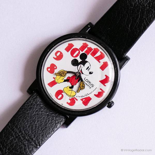 Noir vintage Lorus Mickey Mouse montre avec de grands chiffres rouges