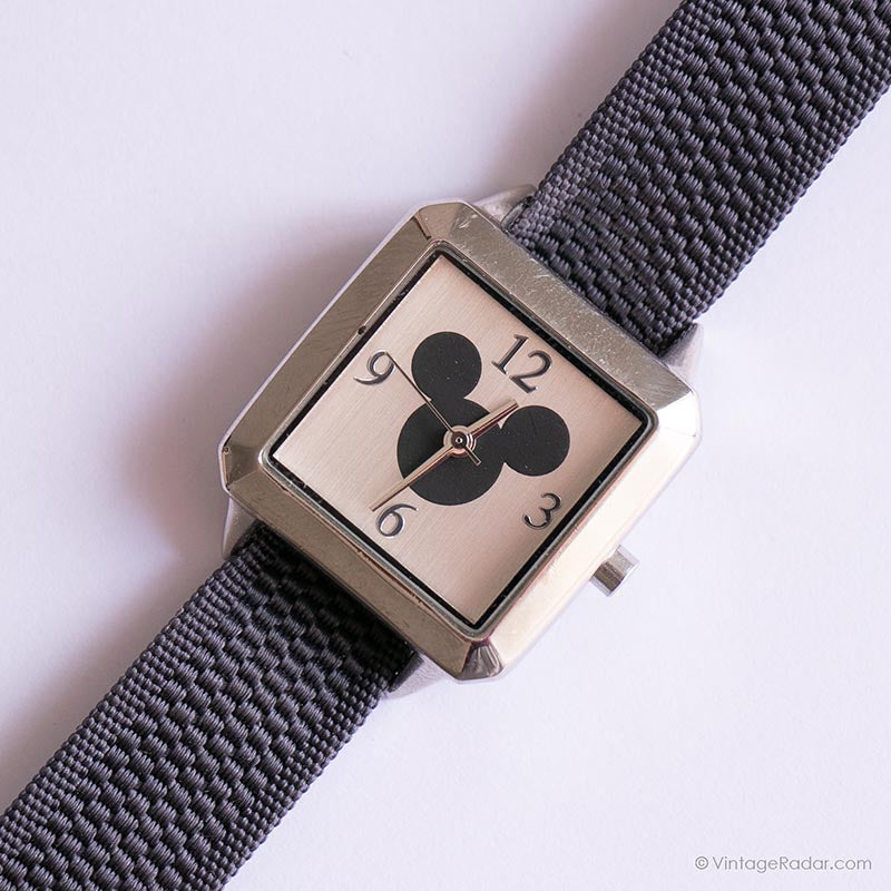 Vintage Square Mickey Mouse Watch for Women with Gray Nato