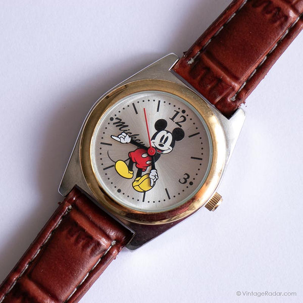 Klassiker Vintage Mickey Mouse Uhr für sie mit braunem Lederband
