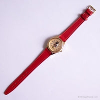 Vintage Minnie Mouse Gold Coin Watch with Red Leather Strap