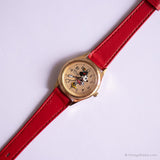 Vintage Minnie Mouse Gold Coin Watch with Red Leather Strap