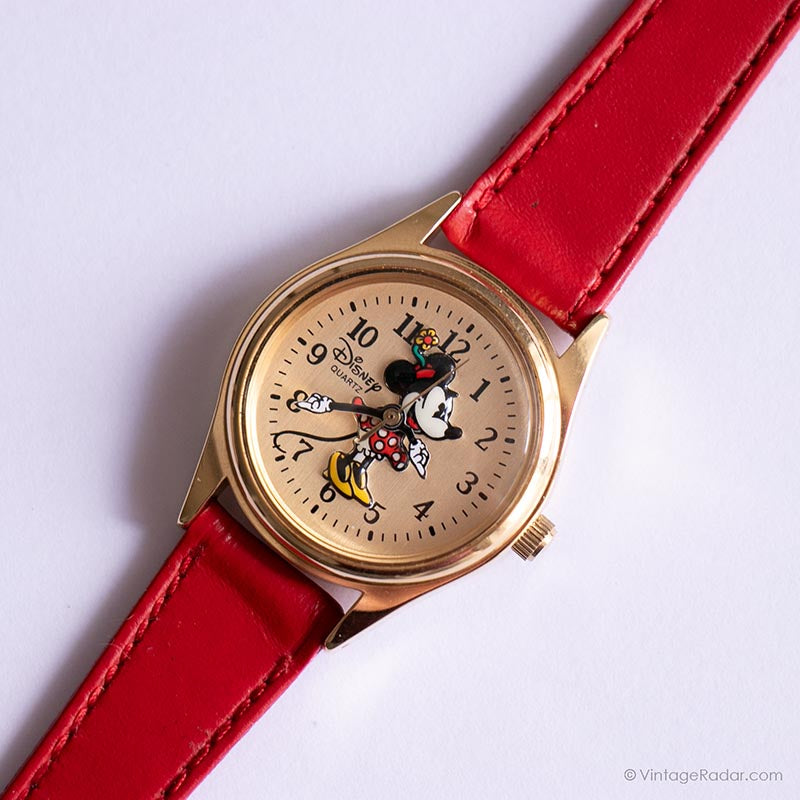 Vintage Minnie Mouse Gold Coin Watch with Red Leather Strap 