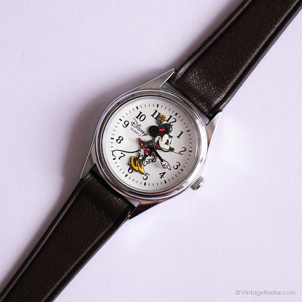 Antiguo Minnie Mouse Disney Cuarzo reloj con correa de cuero marrón oscuro