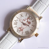 Vintage retro Minnie Mouse reloj para mujeres con correa de cuero blanco
