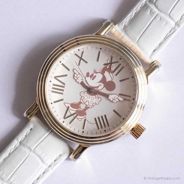 Vintage retro Minnie Mouse reloj para mujeres con correa de cuero blanco