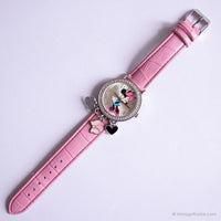 Tono plateado vintage Minnie Mouse reloj con piedras preciosas y correa rosa